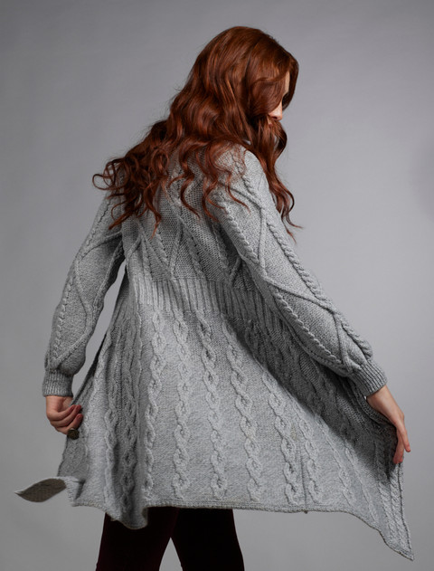 Women's Aran Long Button Cable & Diamond Coat - Grey