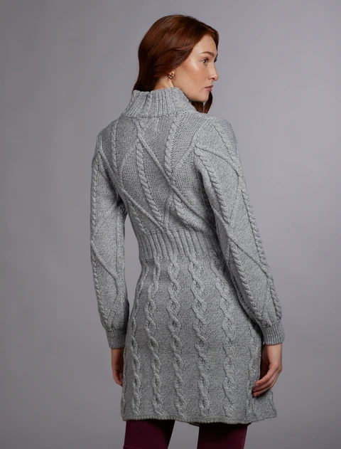 Women's Aran Long Button Cable & Diamond Coat - Grey