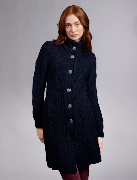 Women's Aran Long Button Cable & Diamond Coat - Navy