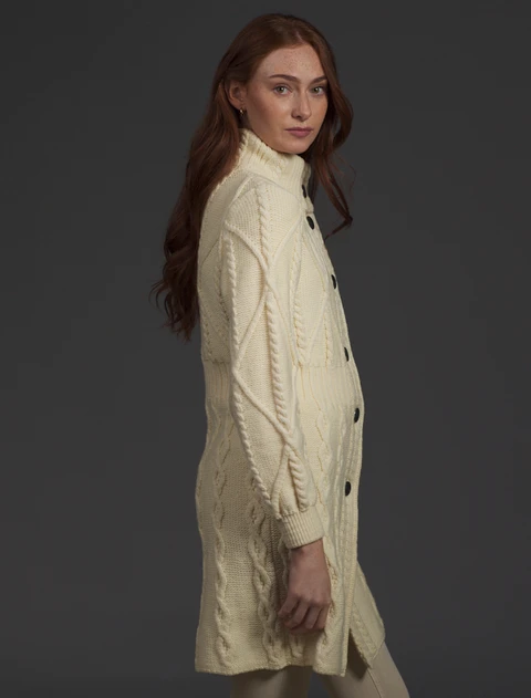 Women's Aran Long Button Cable & Diamond Coat - White