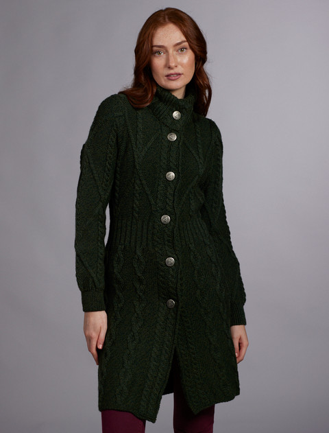 Women's Aran Long Button Cable & Diamond Coat - Army Green