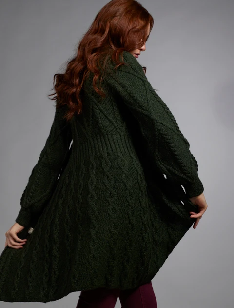 Women's Aran Long Button Cable & Diamond Coat - Army Green