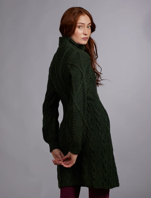 Women's Aran Long Button Cable & Diamond Coat - Army Green
