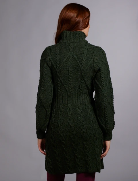 Women's Aran Long Button Cable & Diamond Coat - Army Green