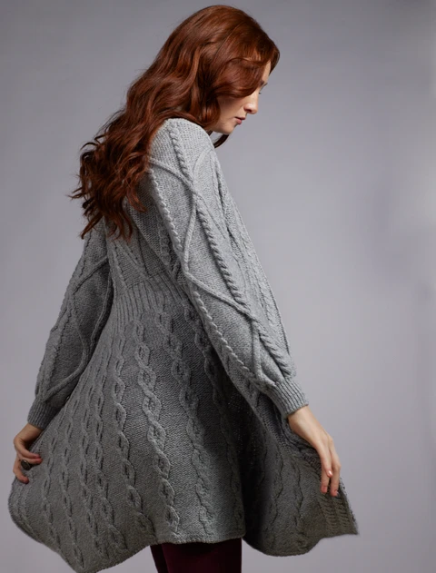 Women's Aran Long Button Cable & Diamond Coat - Grey