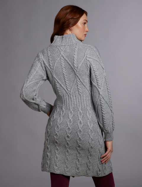 Women's Aran Long Button Cable & Diamond Coat - Grey