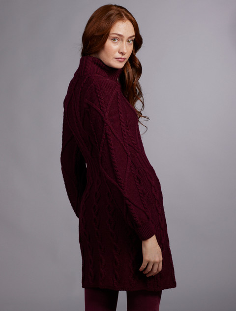 Women's Aran Long Button Cable & Diamond Coat - Wine