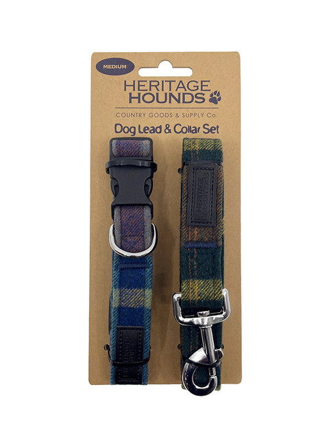 Tweed Dog Lead & Collar Set - Blue Check