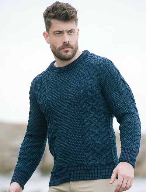 Moss & Cable Knit Crew Neck Aran Wool Sweater - Sherwood