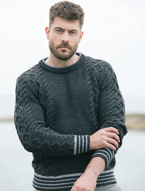 Moss & Cable Knit Crew Neck Aran Wool Sweater - Charcoal