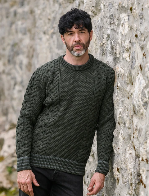 Moss & Cable Knit Crew Neck Aran Wool Sweater - Army Green