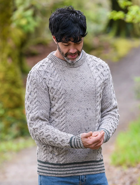 Moss & Cable Knit Crew Neck Aran Wool Sweater - Oatmeal