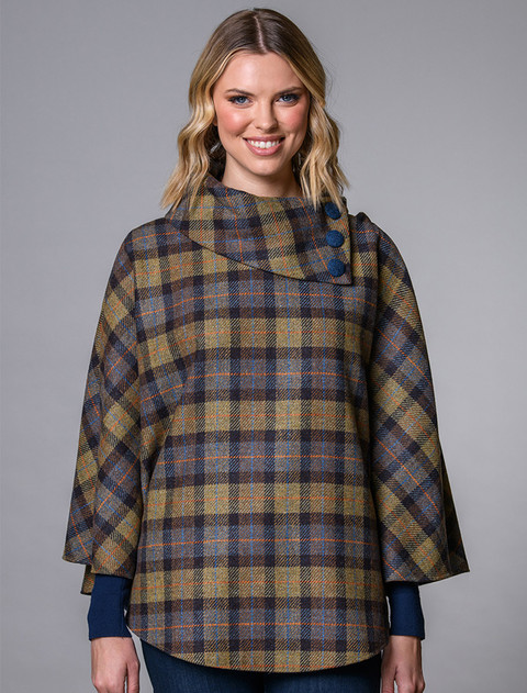 Mucros Tweed Poncho - Blue Mustard