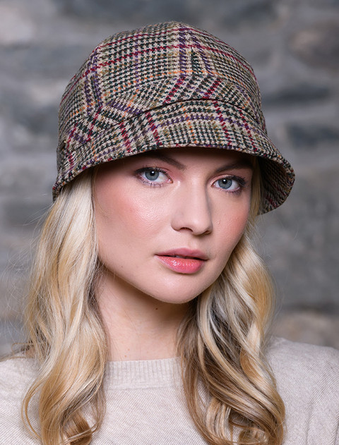 Ladies Tweed Flapper Cap - Cream Red & Beige