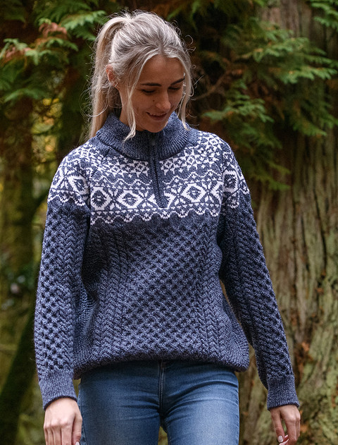Ladies Aran Half-Zip Jacquard Sweater  - Denim Marl