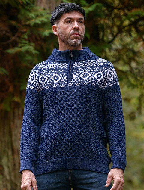 Aran Half-Zip Jacquard Sweater - Deep Water Blue