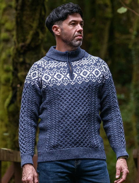 Aran Half-Zip Jacquard Sweater - Denim Marl