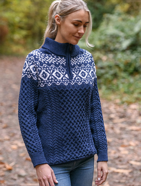 Ladies Aran Half-Zip Jacquard Sweater  - Blue Water