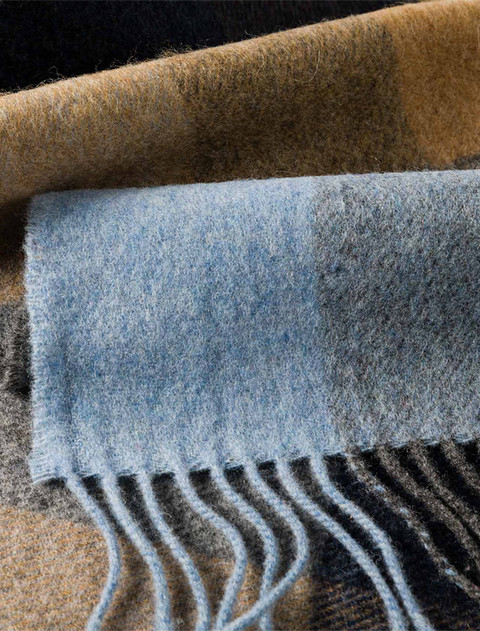 Narrow Lambswool Checked Scarf - Beige Grey & Blue