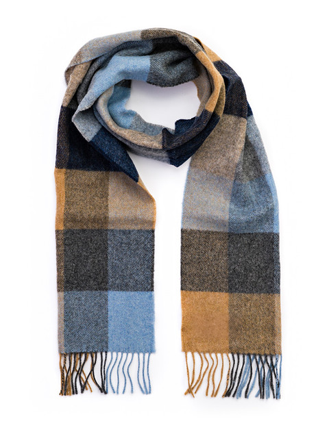 Narrow Lambswool Checked Scarf - Beige Grey & Blue