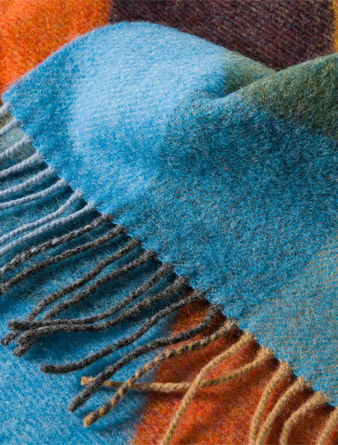 Narrow Lambswool Checked Scarf - Mustard Blue & Orange