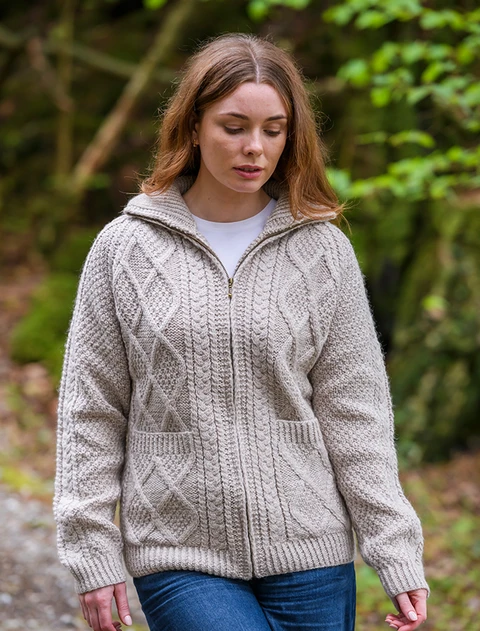 Hand Knit Zipper Card‎igan with Pockets - Honey Oat