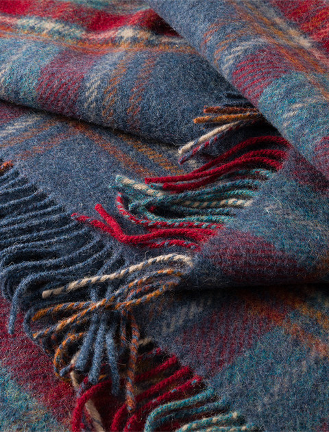 Irish Wool Picnic Throw - Denim Red & Rust