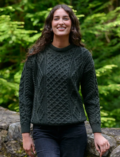 Womens Traditional Aran Wool Sweater - Moss