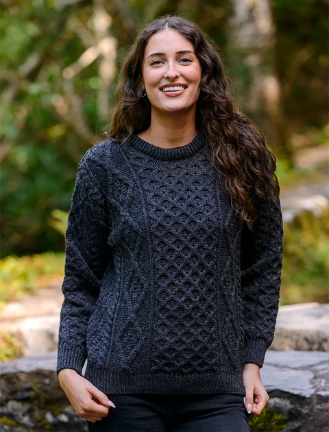 Womens Traditional Aran Wool Sweater - Charcoal