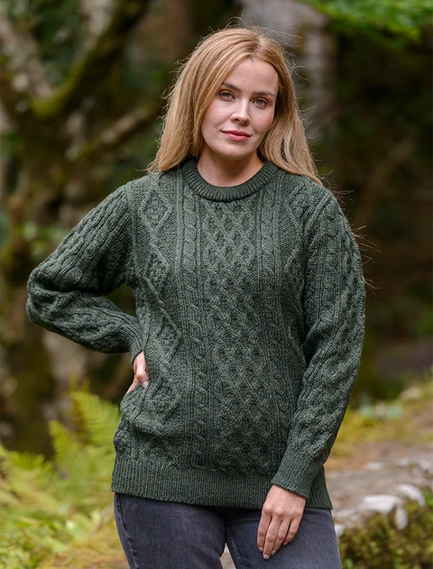 Womens Aran Crew Neck Sweater - Army Green