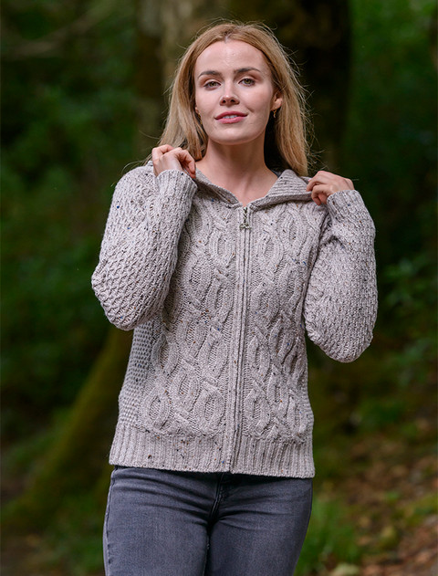 Women's Merino Wool Cable Knit Hoodie - Oatmeal