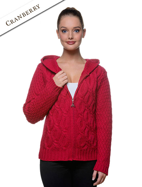 Women's Merino Wool Cable Knit Hoodie - Cranberry