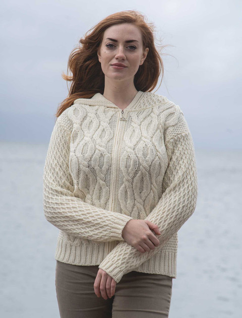 Women's Merino Wool Cable Knit Hoodie - White