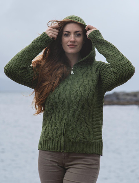 Women's Merino Wool Cable Knit Hoodie - Green