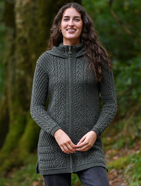 Merino Hooded Aran Coat - Army Green