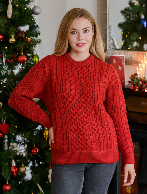 Ladies Merino Aran Sweater - Chillipepper