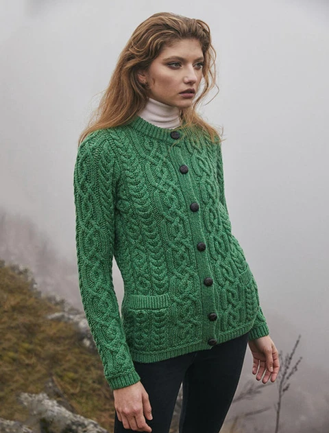 Ladies Aran Button Cardigan - Green
