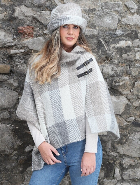 Shawl Collar Poncho with Leather Buckle Detail - Multi Beige