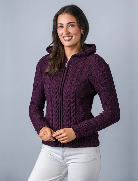 Aran Cable Knit Hooded Cardigan - Dark Berry
