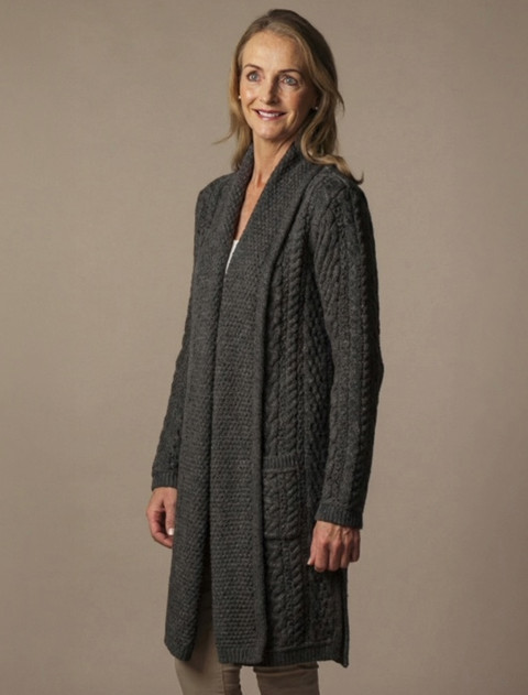 Dra​pe Front Aran Shawl Cardigan - Charcoal