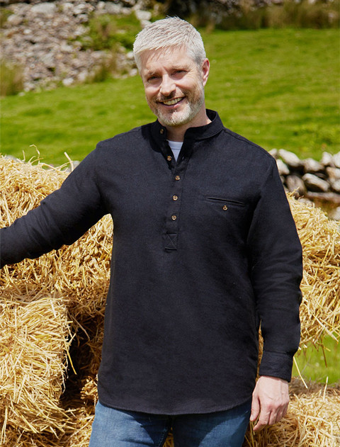 Flannel Grandfather Shirt - Navy Melange Twill