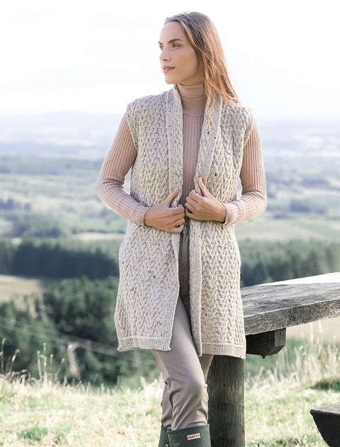 Aran Trellis Sleeveless Merino Cardigan - Oatmeal Mix