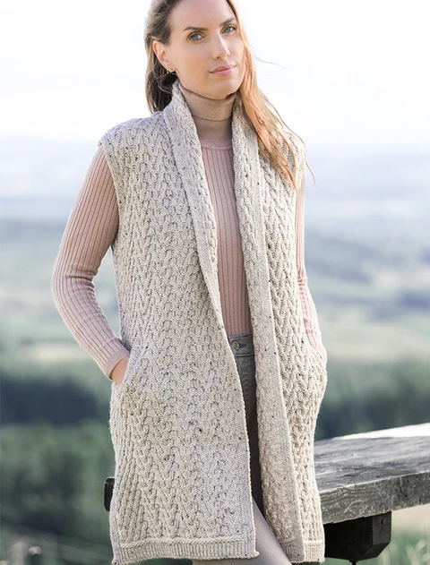 Aran Trellis Sleeveless Merino Cardigan - Oatmeal Mix