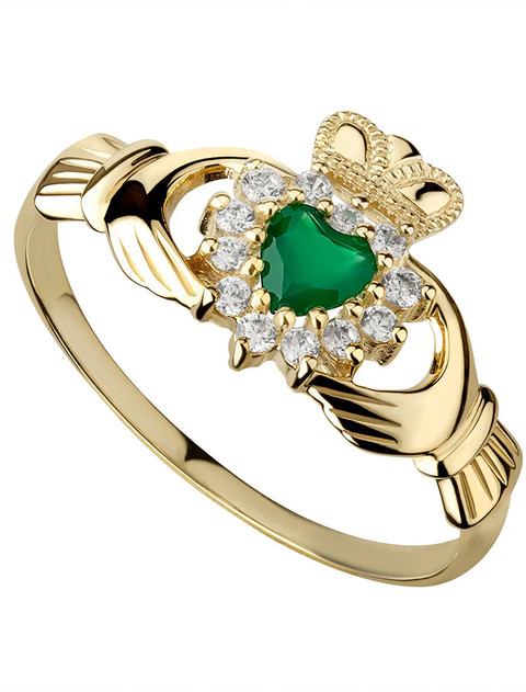 9K Gold Green Agate Claddagh Ring