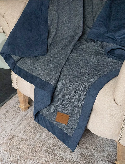 Country Herringbone Wool Blend Blanket  - Midnight Blue