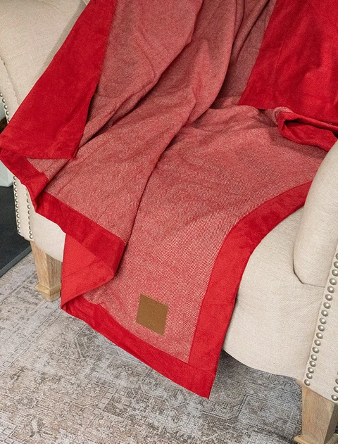 Country Herringbone Wool Blend Blanket - Red Earth
