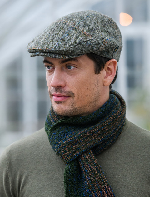 Trinity Tweed Flat Cap - Light Green Blue/Orange