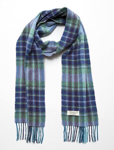 Narrow Lambswool Checked Scarf - Aqua & Navy