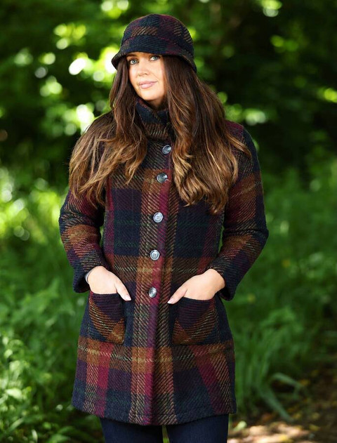 Gemma Tweed Coat - Navy Wine Tartan