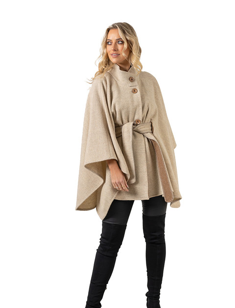 Pure New Wool Belted Cape – Natural 